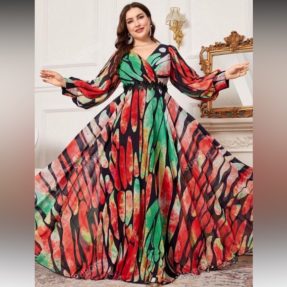 SHEIN Multicolor Vibrant Butterfly Print Long Sleeve Flowy Maxi Dress Size  3XL - threedaughtersproperties.com
